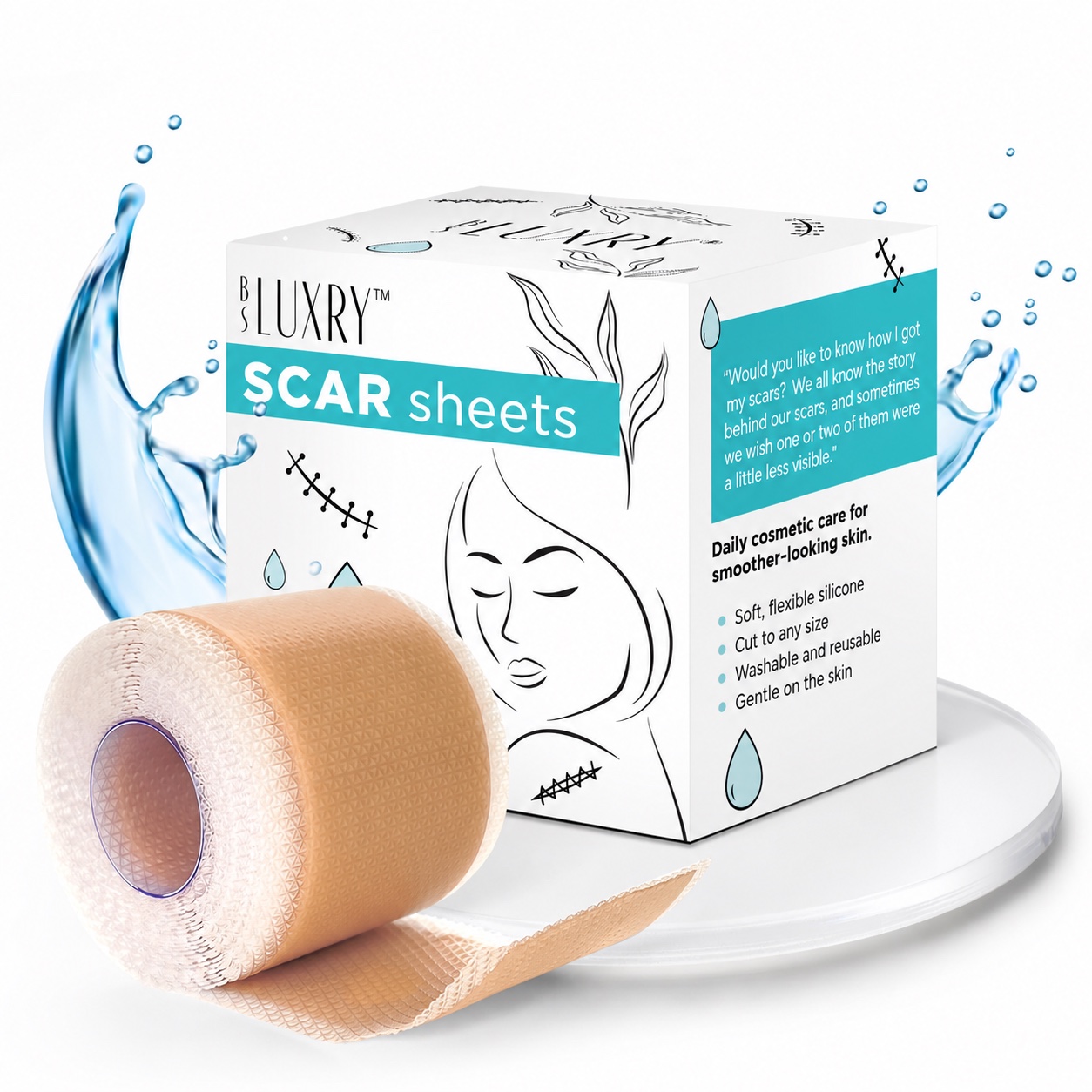 BS Luxry Silicone Scar Sheets English packaging box and beige silicone tape roll