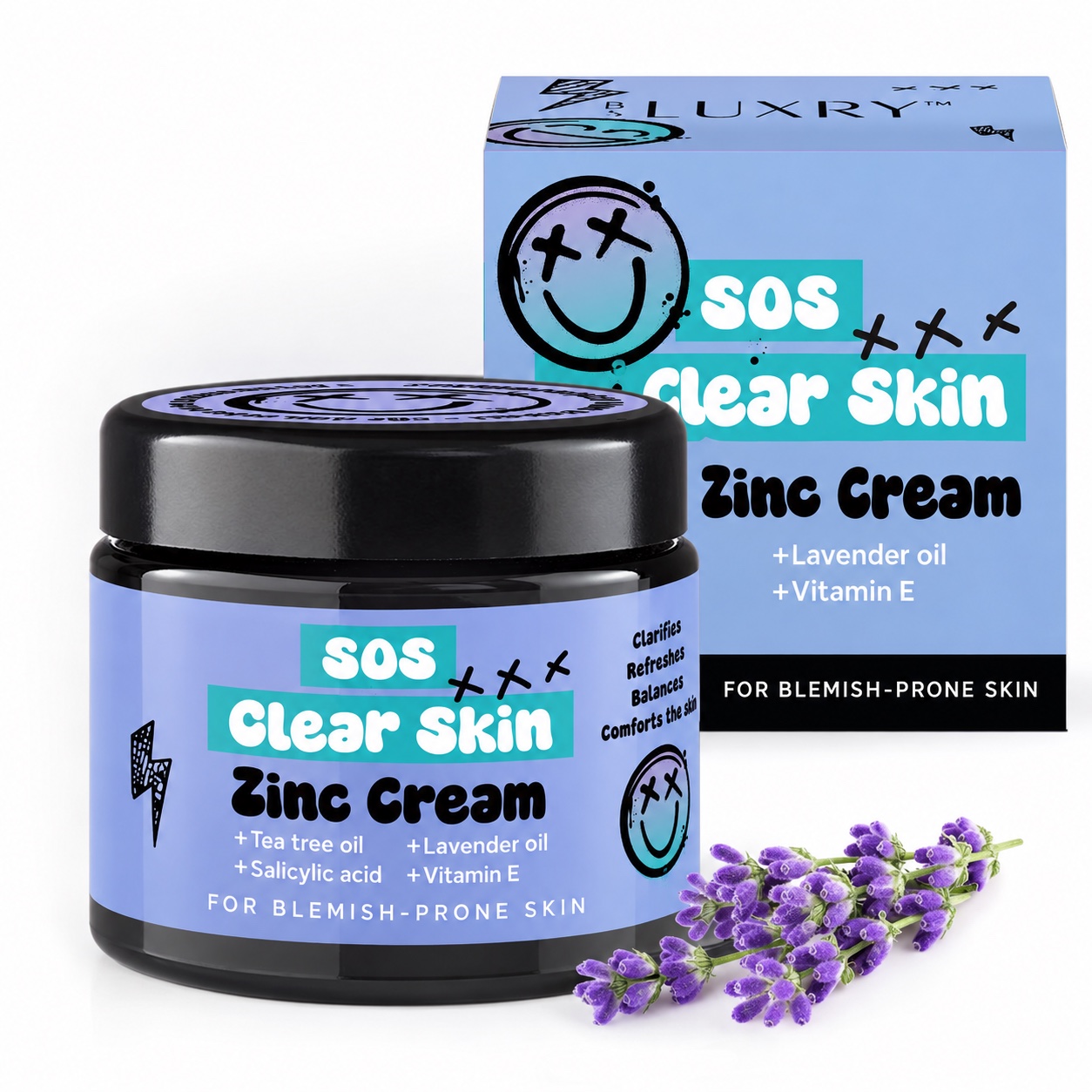 BS Luxry SOS Clear Skin Zinc Cream jar and box with English packaging