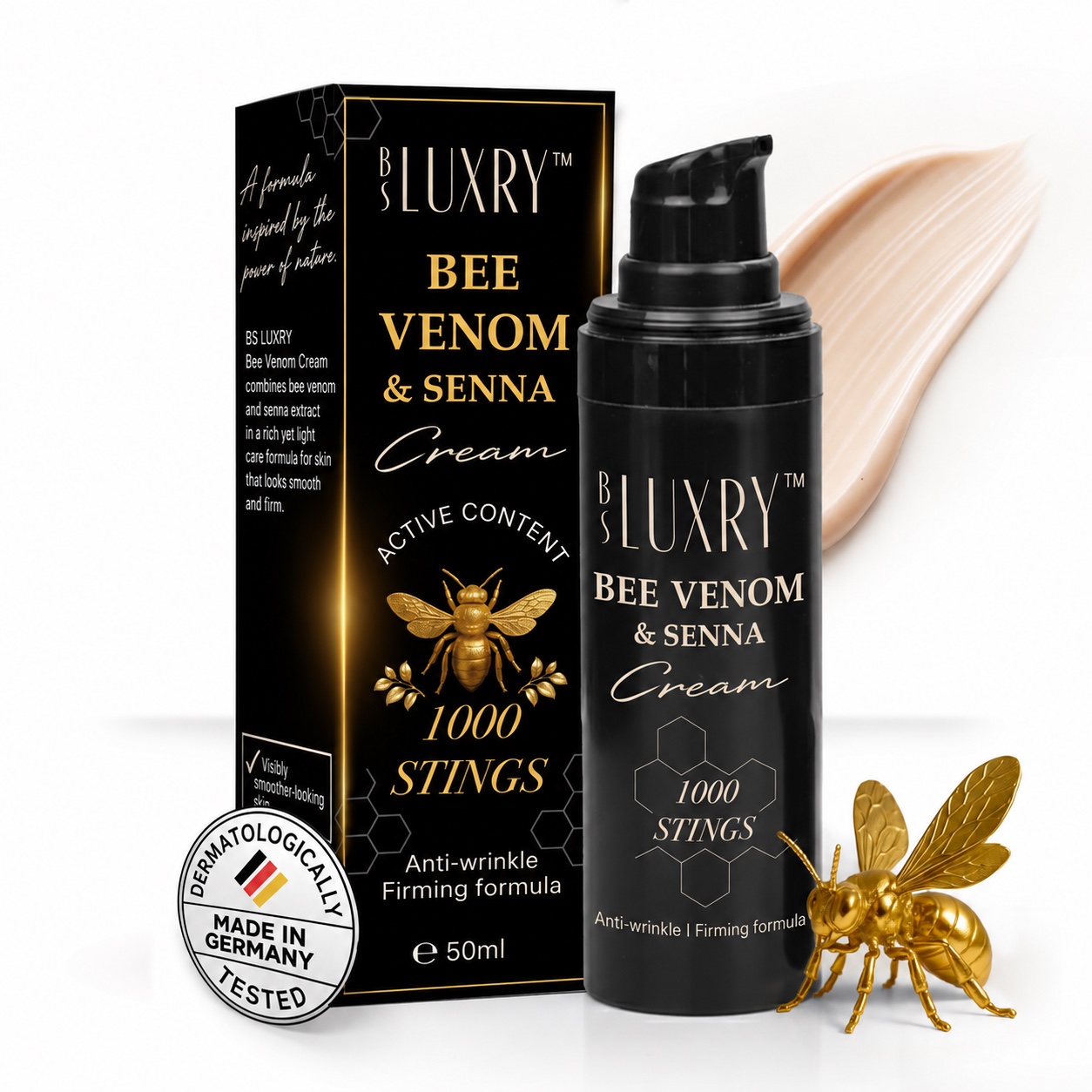 BS Luxry Bee Venom and Senna Face Cream black pump bottle and box with English packaging
